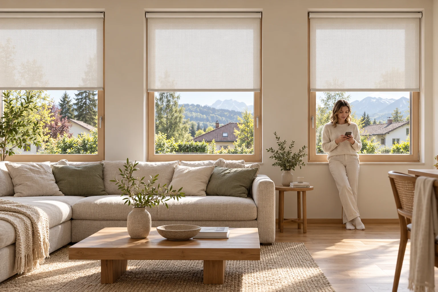 Illustrative Schweizer Wohnszene mit hellen Blinds, Holzfenstern und Blick ins Grüne